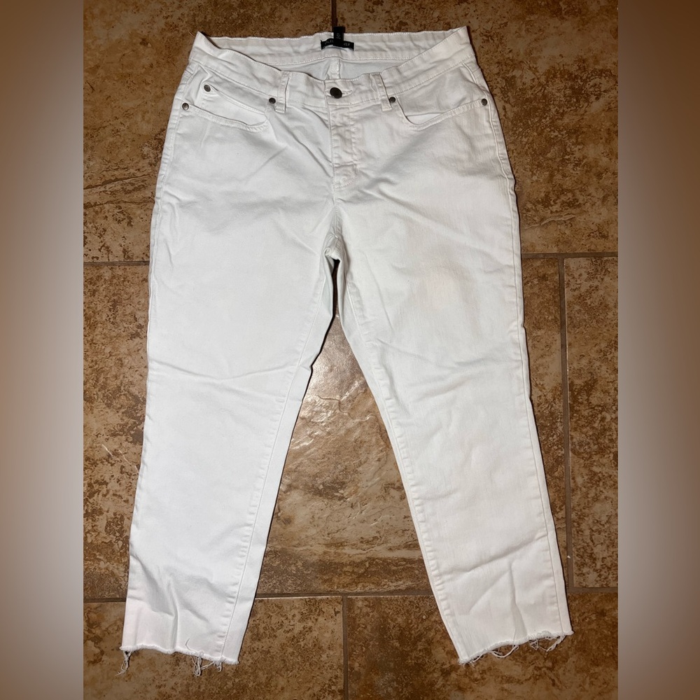 EILEEN FISHER Organic Cotton Cropped Low Rise Frayed Hem White Jeans Women's 8